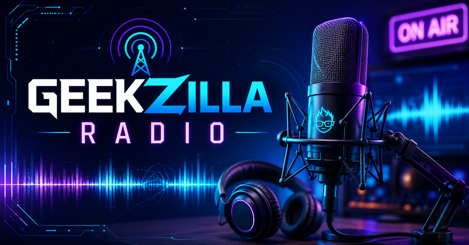 Geekzilla radio style digital audio setup with headphones, microphone, gaming controller, and technology icons