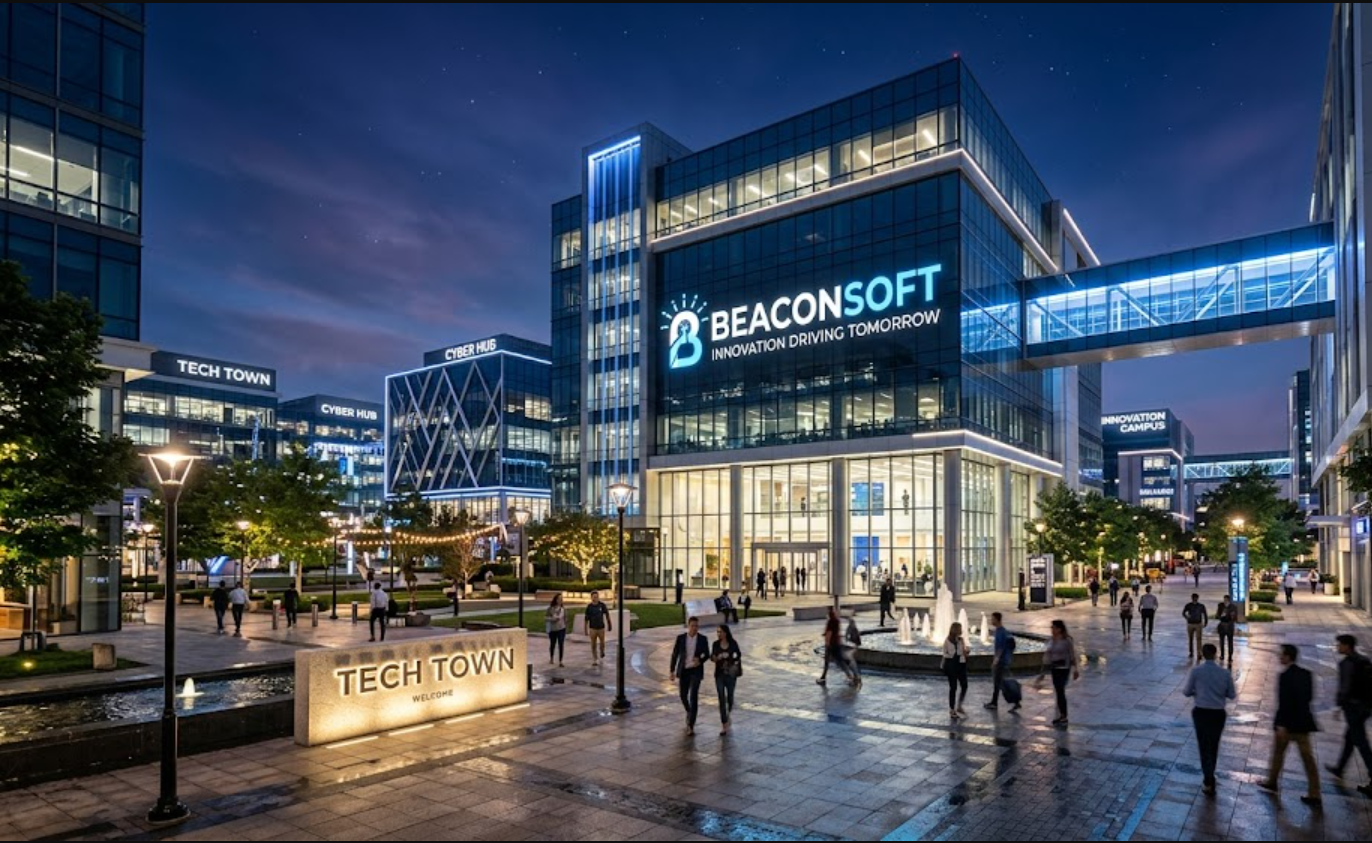 Tech Town BeaconSoft concept showing a modern innovation hub with technology teams, software tools, and digital workspaces.