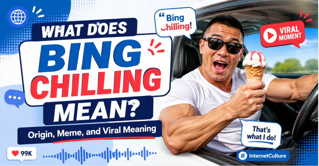 What Does Bing Chilling Mean viral meme explanation with ice cream, internet culture graphics, and bold blog title text.