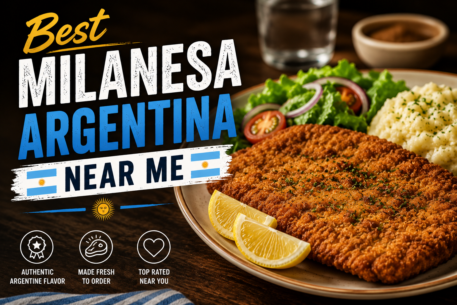 Best Milanesa Argentina near me served with fries, salad, and lemon