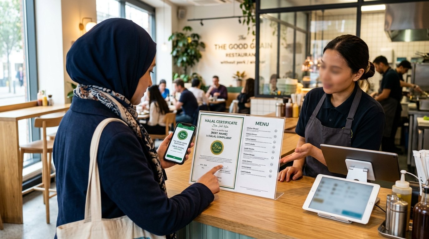 Fresh certified halal meal with grilled meat, rice, salad and bread at a local restaurant