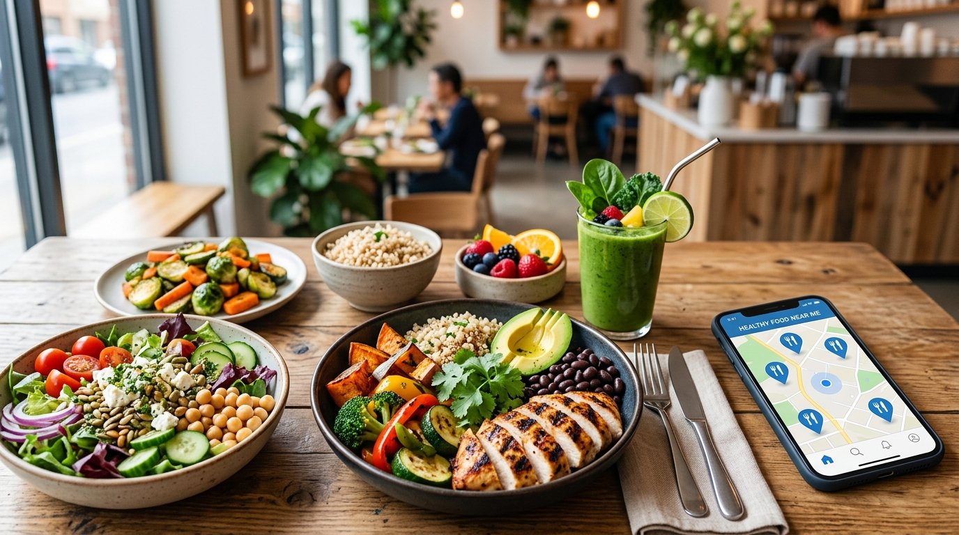 Healthy local meal with grilled protein, vegetables and whole grains