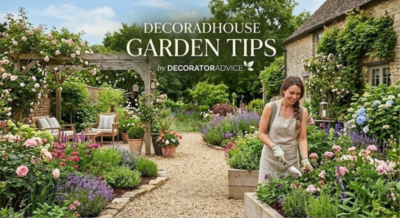 DecoradHouse-inspired garden with green plants, pathway and outdoor seating