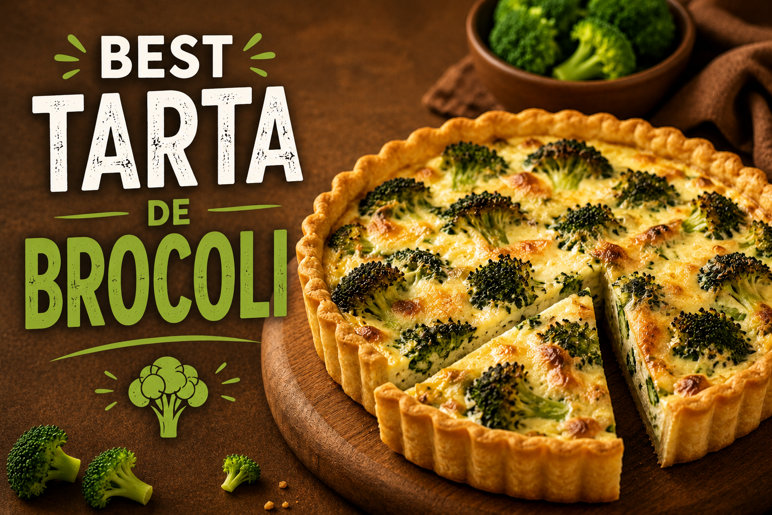 Fresh tarta de brocoli with golden crust and salad