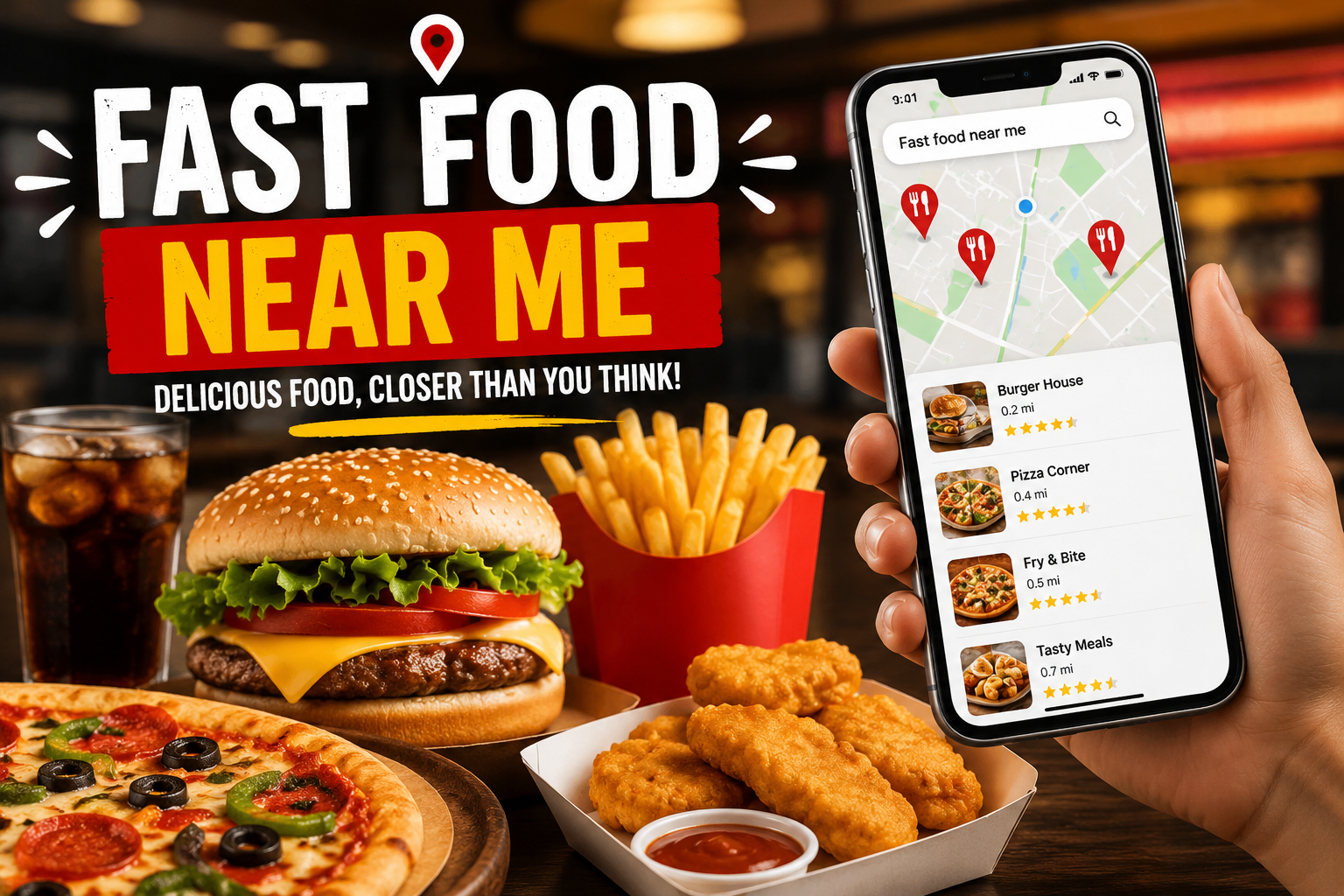 Nearby fast-food options with burgers, fries, chicken and drinks