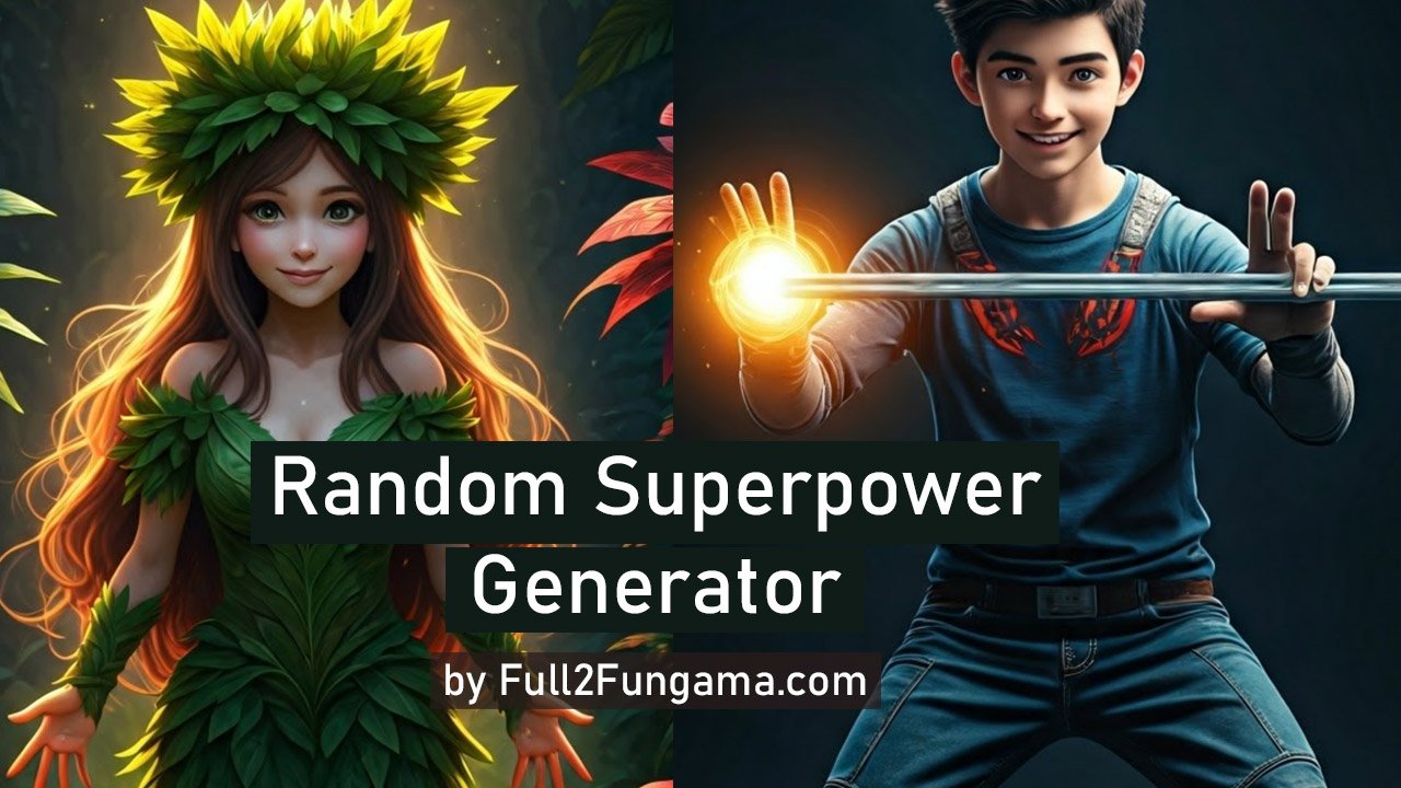 Illustration of a superhero surrounded by glowing icons representing different random superpowers such as telekinesis, fire control, flight, and time manipulation.