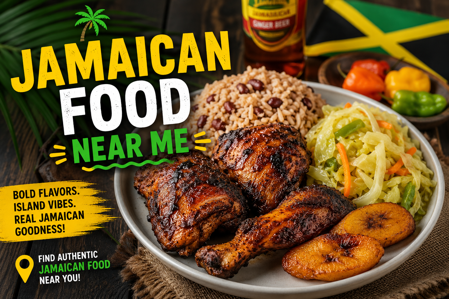 Authentic Jamaican food near me featuring jerk chicken with rice and peas.