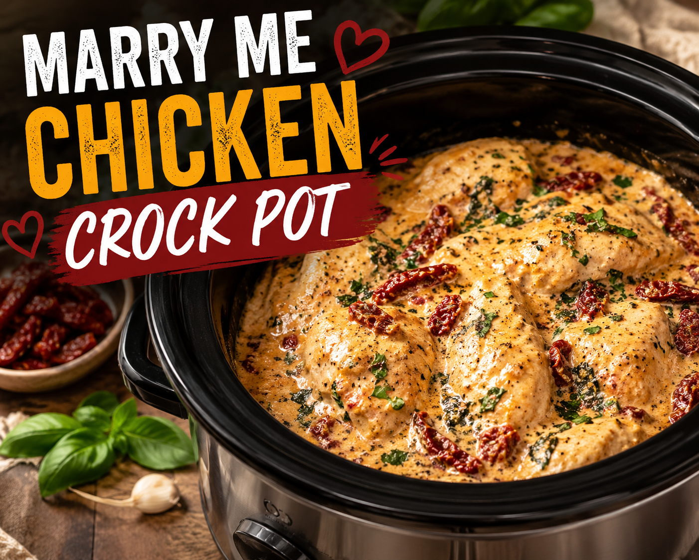 Marry me chicken crock pot with creamy Parmesan sauce and sun-dried tomatoes