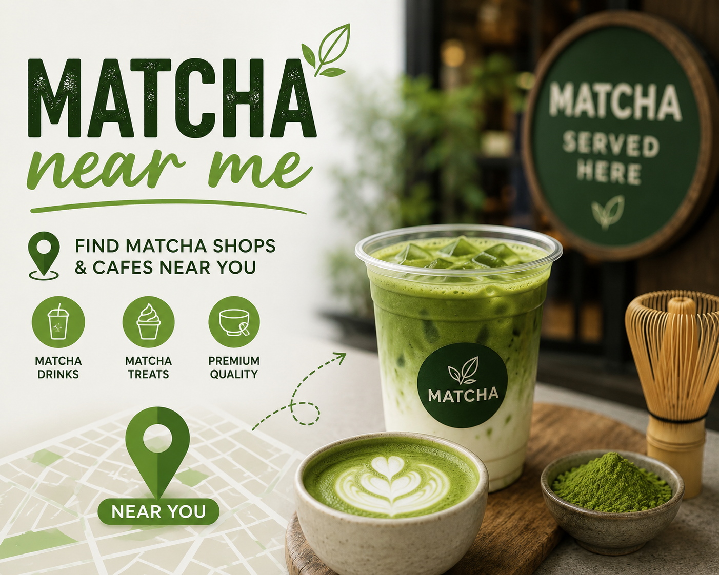 Fresh matcha latte in a local café with vibrant green ceremonial matcha