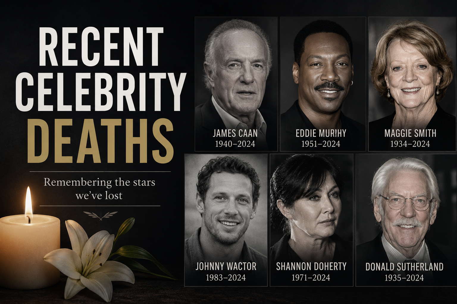 Respectful memorial for recent celebrity deaths reported in 2026
