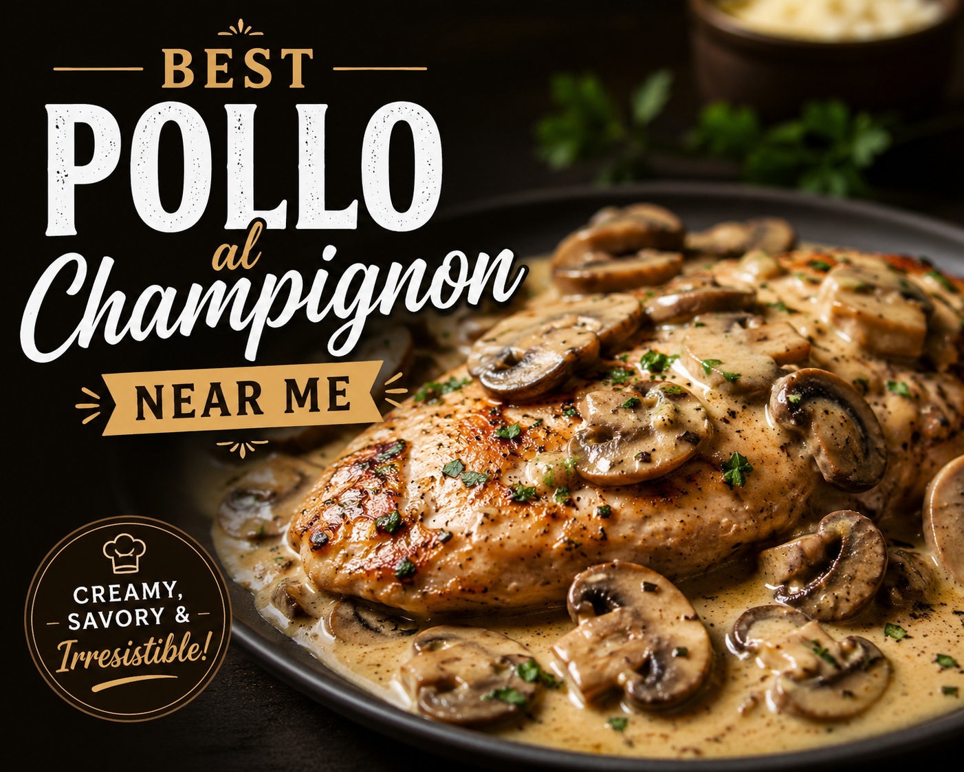 Best pollo al champignon near me with creamy mushroom sauce and rice